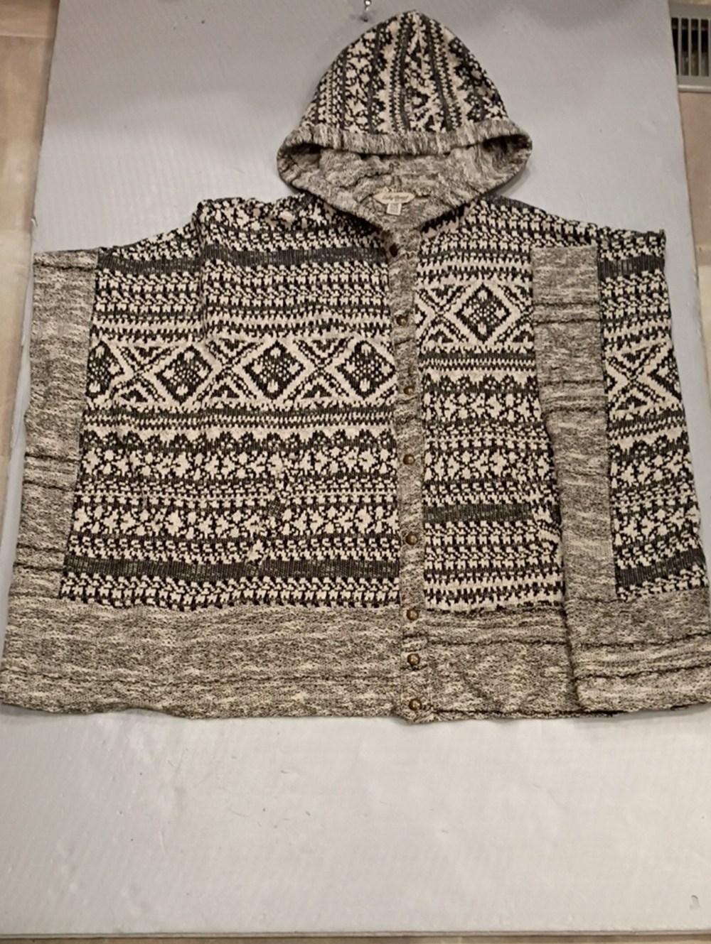 Lucky Brand Black & Cream Hooded Button-Up Cardigan/ Poncho
